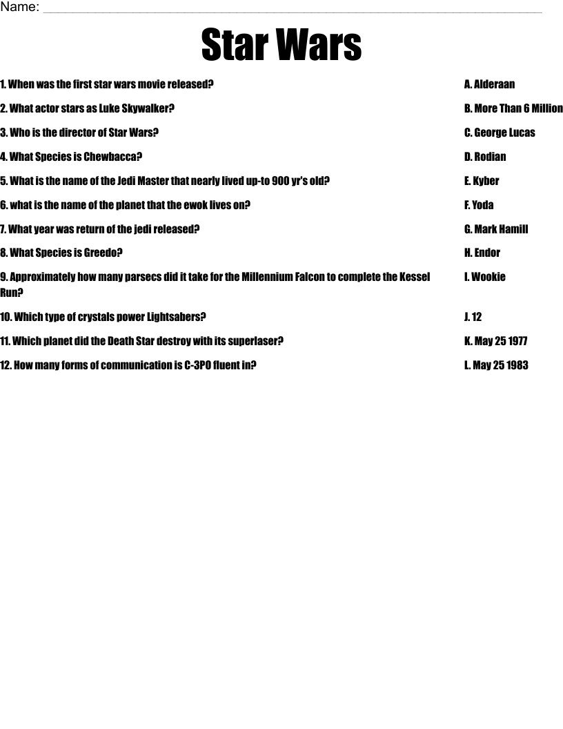 Star Wars Worksheet WordMint Star Wars Worksheet WordMint