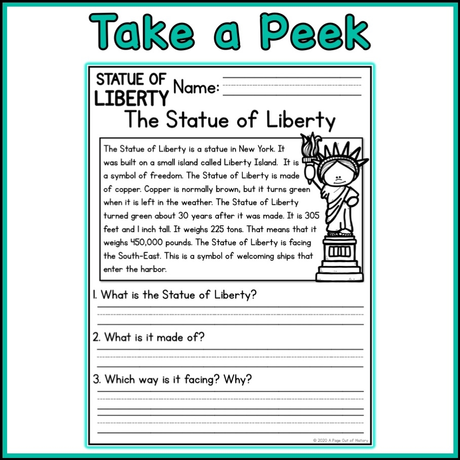 Statue Of Liberty Social Studies Reading Comprehension Passages K 2 Classful