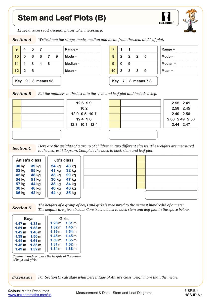 Stem And Leaf Plots B Worksheet PDF Printable Measurement Data Worksheet Cazoom Math Stem And Leaf Plot Worksheets Printable