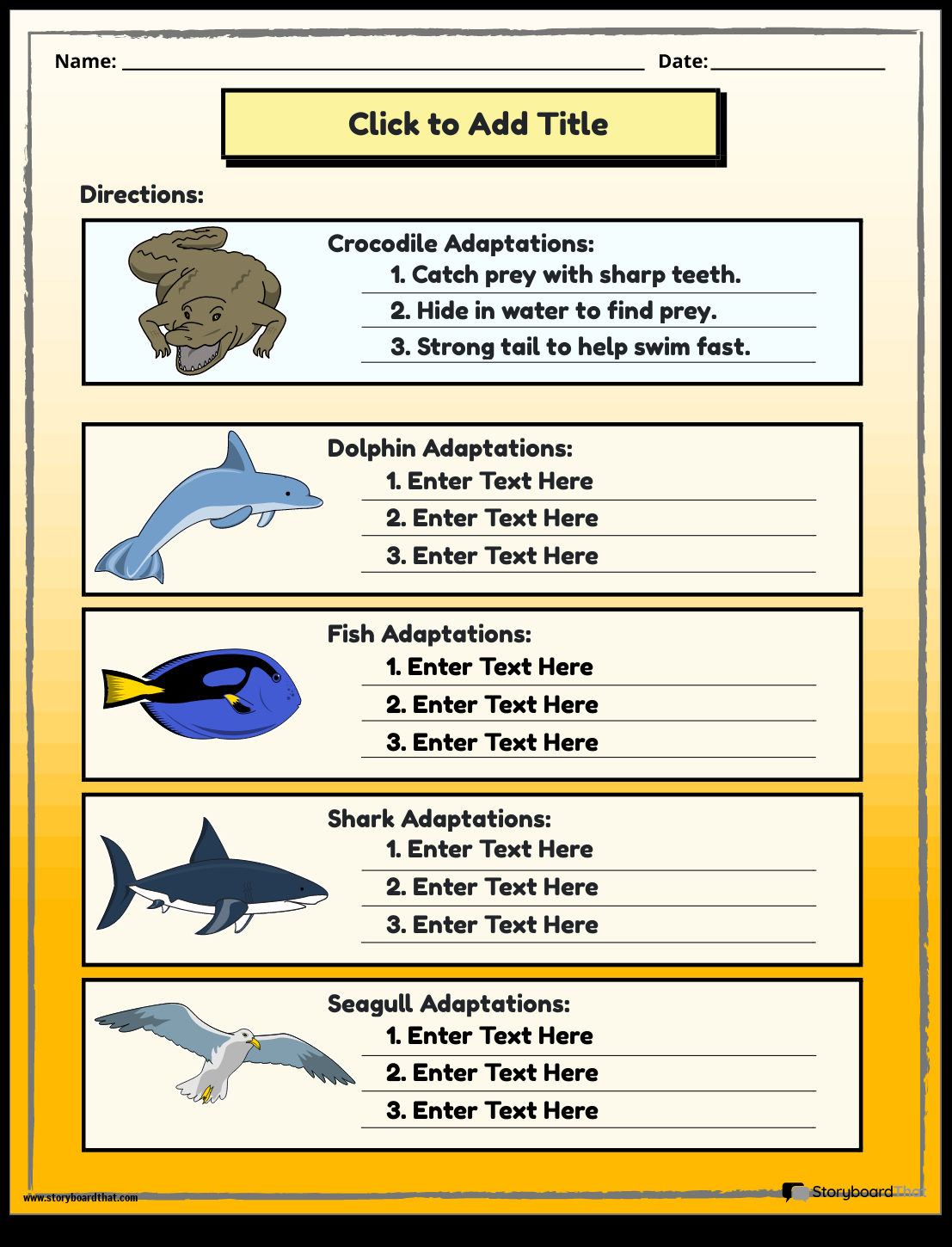 Storyboard That Free Animal Adaptations Worksheets