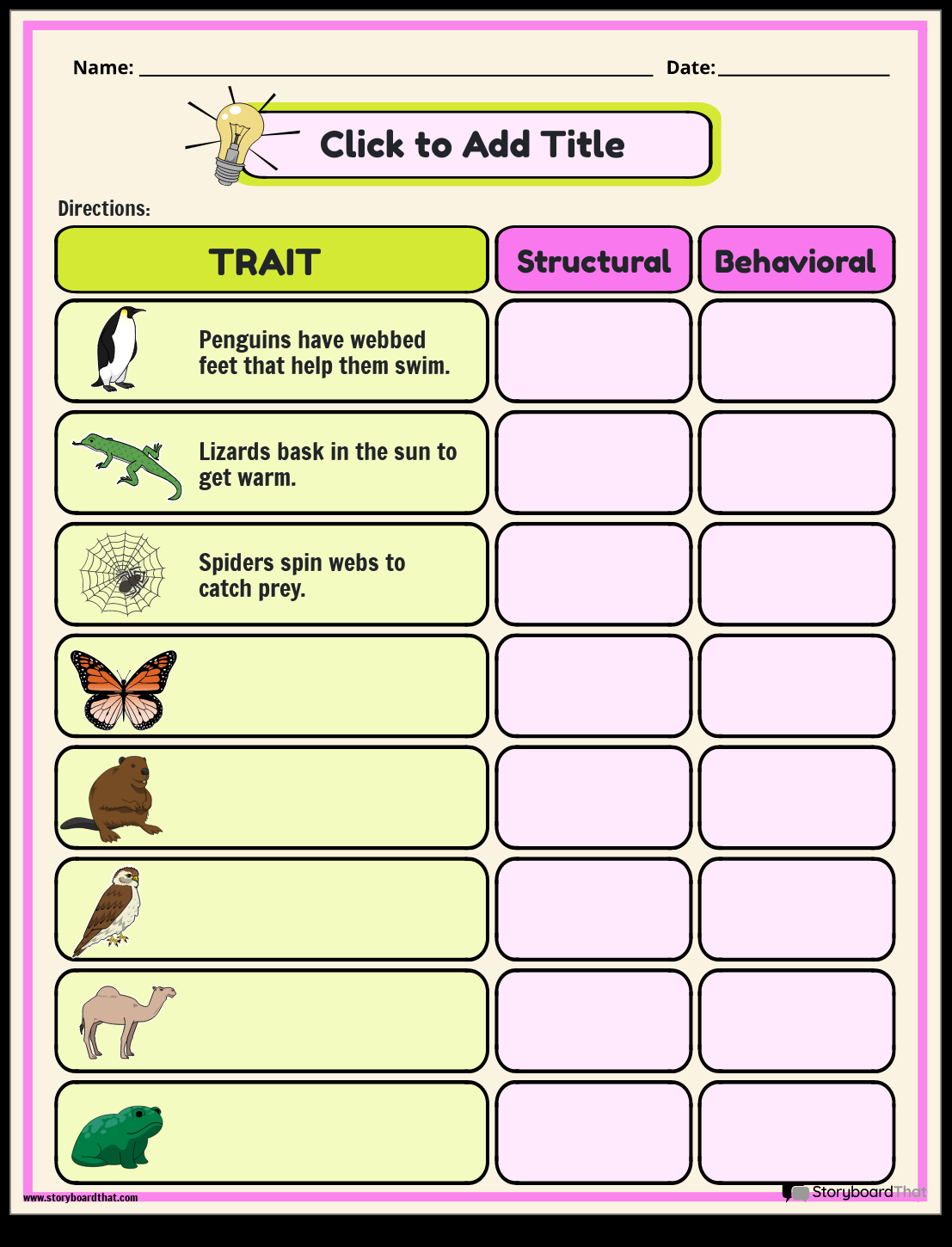Storyboard That Free Animal Adaptations Worksheets