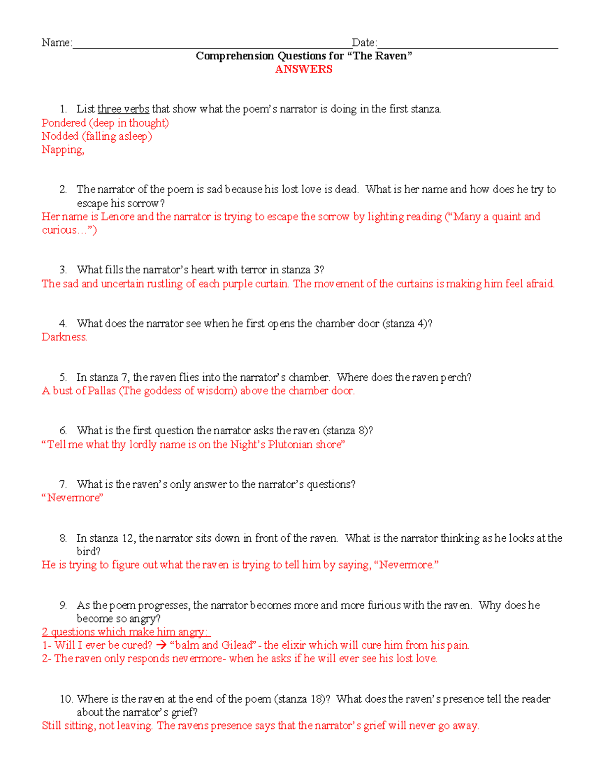 Study Guide Comprehension Questions For The Raven Studocu