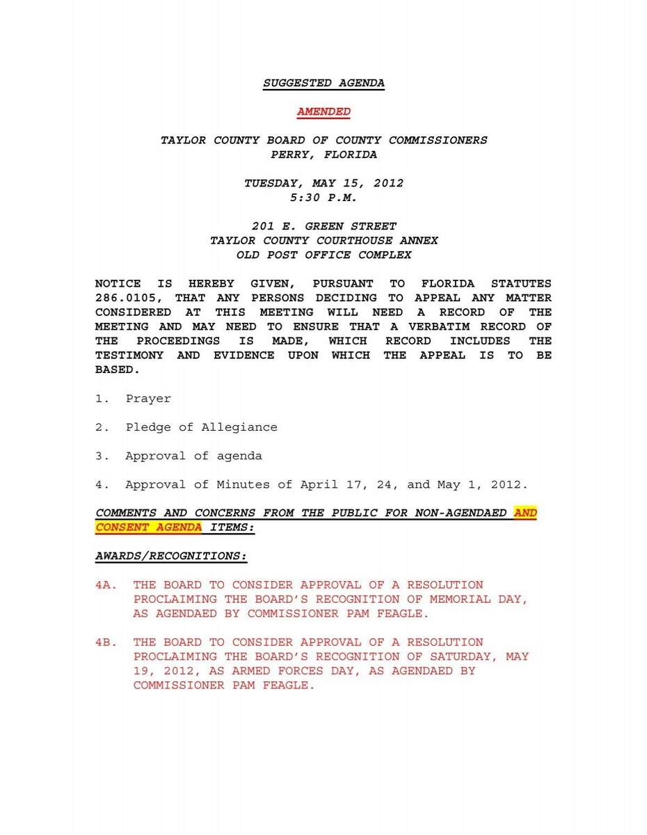 SUGGESTED AGENDA AMENDED TAYLOR COUNTY BOARD OF SUGGESTED AGENDA AMENDED TAYLOR COUNTY BOARD OF