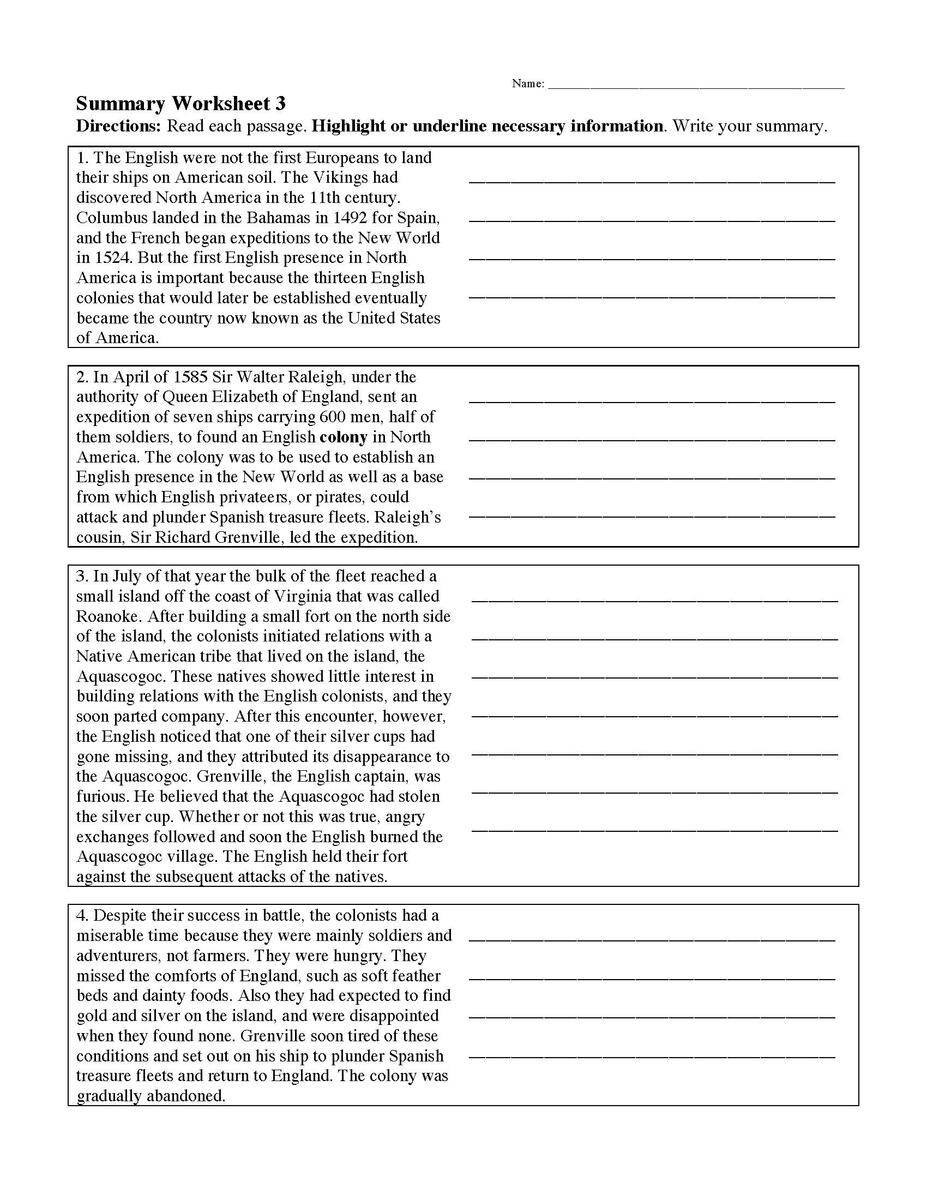 Summarizing Worksheet 3 Reading Activity