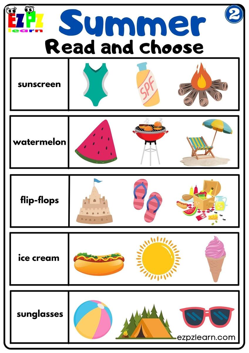 Summer Read And Choose Activity For Kids Set 2 Ezpzlearn CVC Words Read Write And Color Worksheets