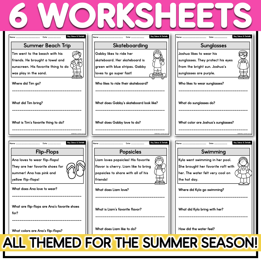 Summer Themed Reading Comprehension Kindergarten First Grade Classful