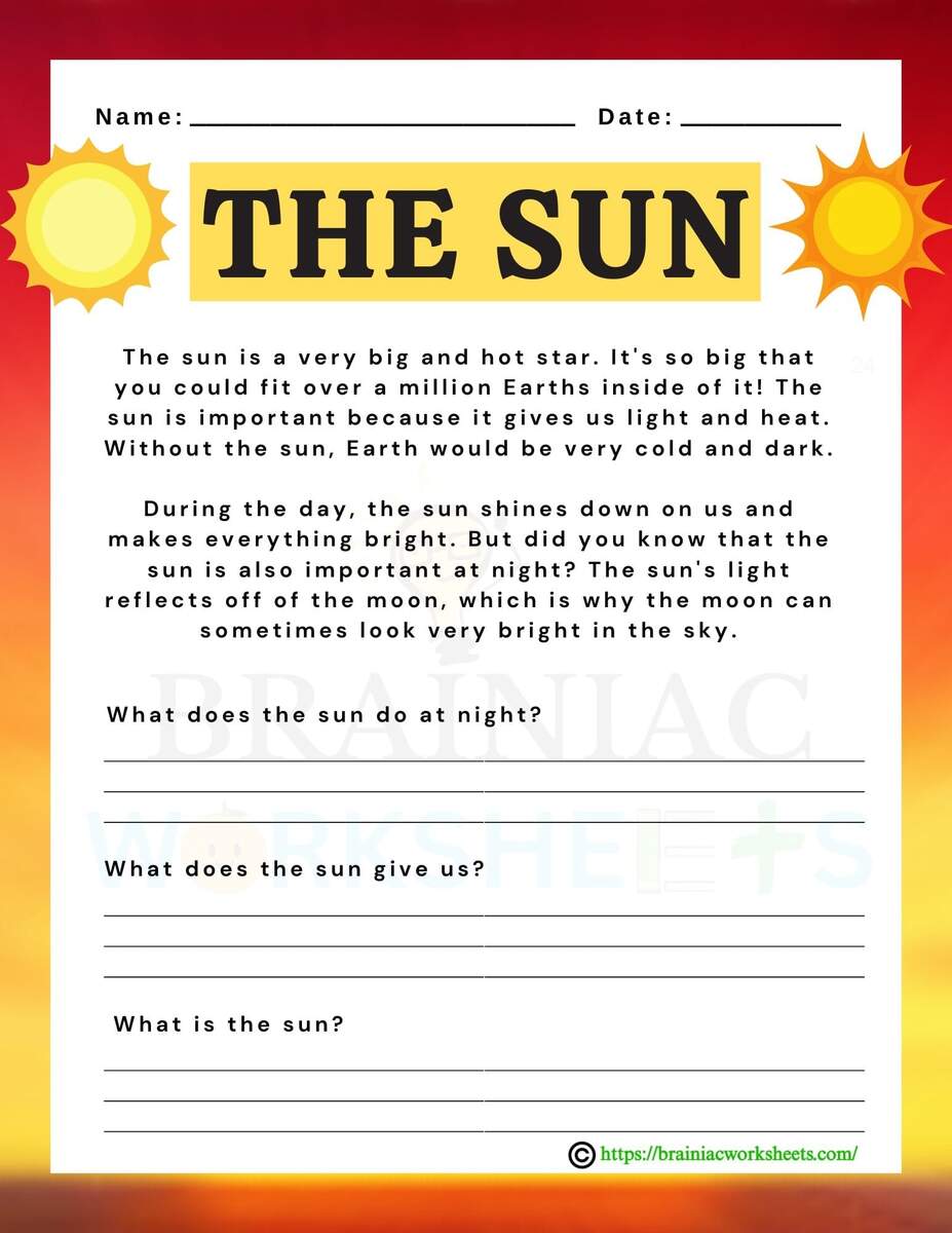 Sun Reading Comprehension English Worksheet For Class 1 Brainiac Worksheets