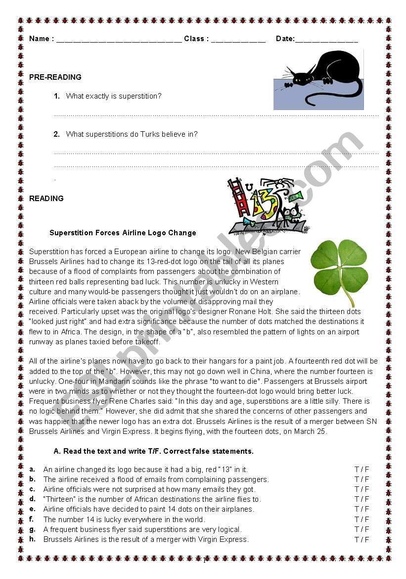 SUPERSTITIONS ESL Worksheet By Aydaayda