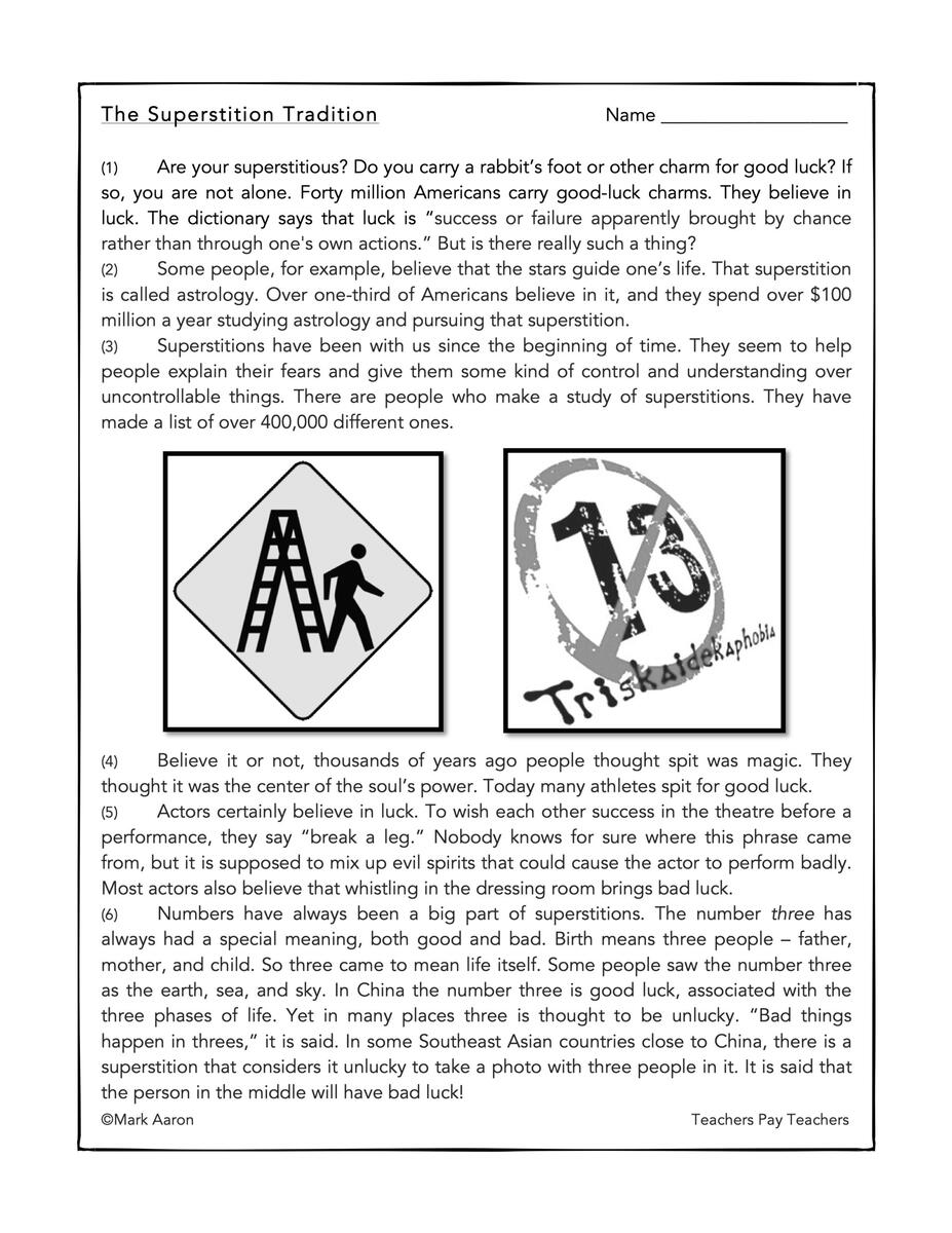 Superstitions Reading Comprehension Passage And Assessment Classful