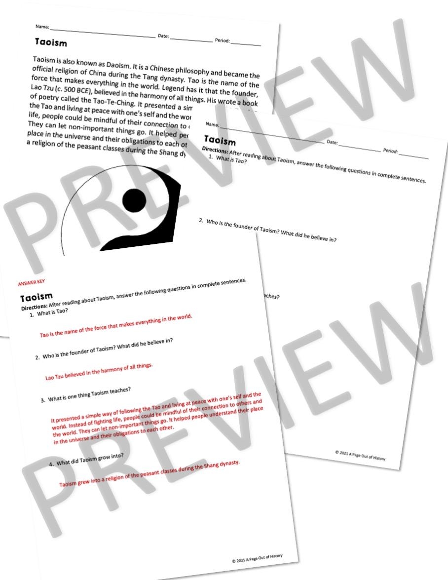 Taoism Reading Practice Passages Ancient China And World Religions Worksheets Homeschool Kids Activities No Prep Printable History Pages Etsy Ireland