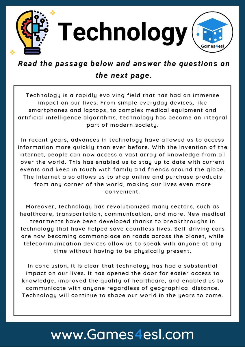 Technology Reading Comprehension Worksheet Games4esl Technology Reading Comprehension Worksheet Games4esl