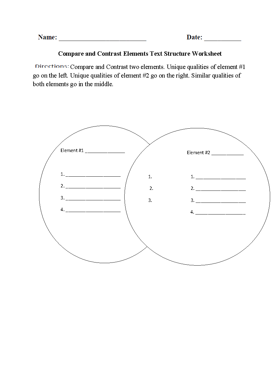 Text Structure Worksheets Compare And Contrast Elements Text Structure Worksheets