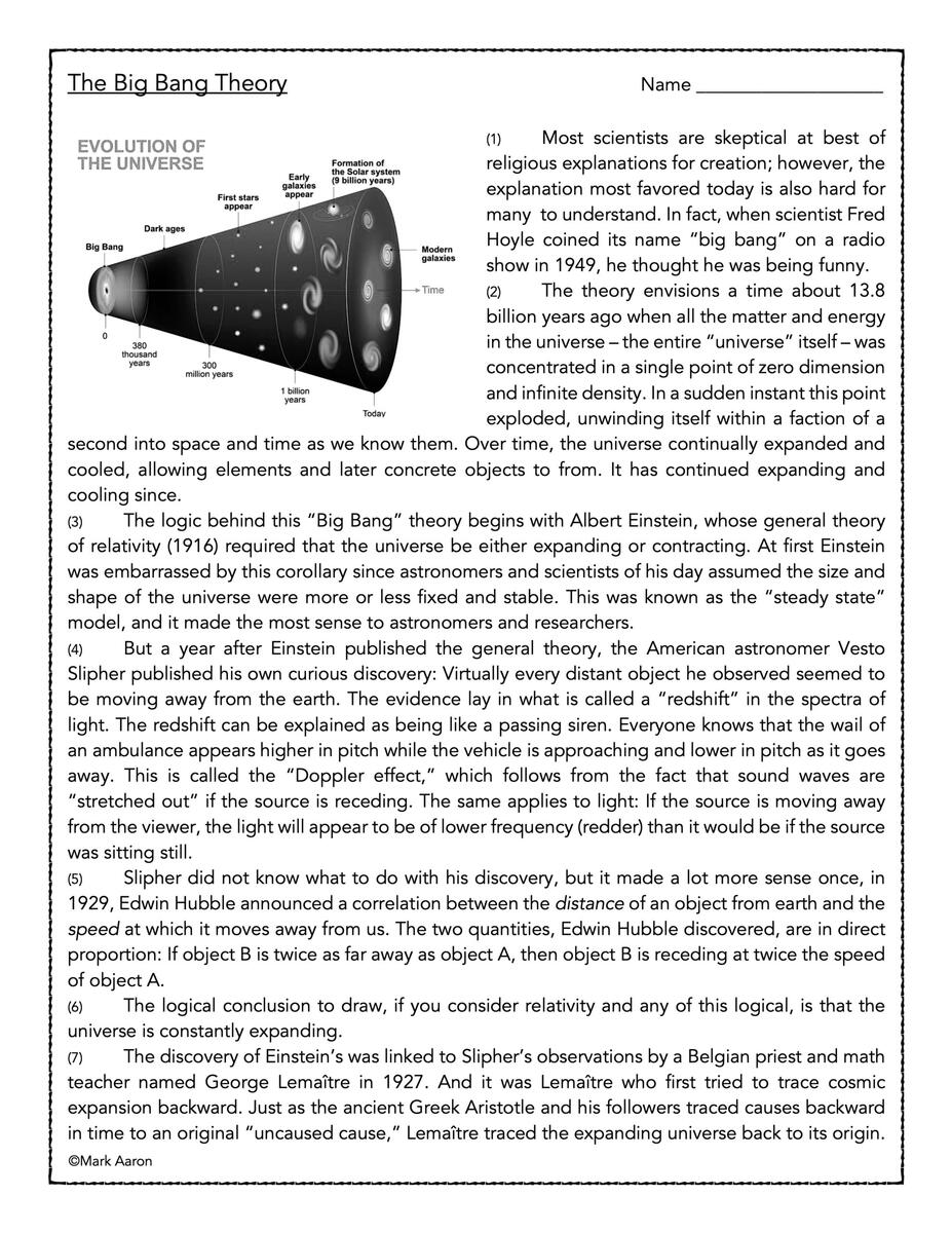 The Big Bang Theory Reading Passage And Assessment Student Friendly Classful