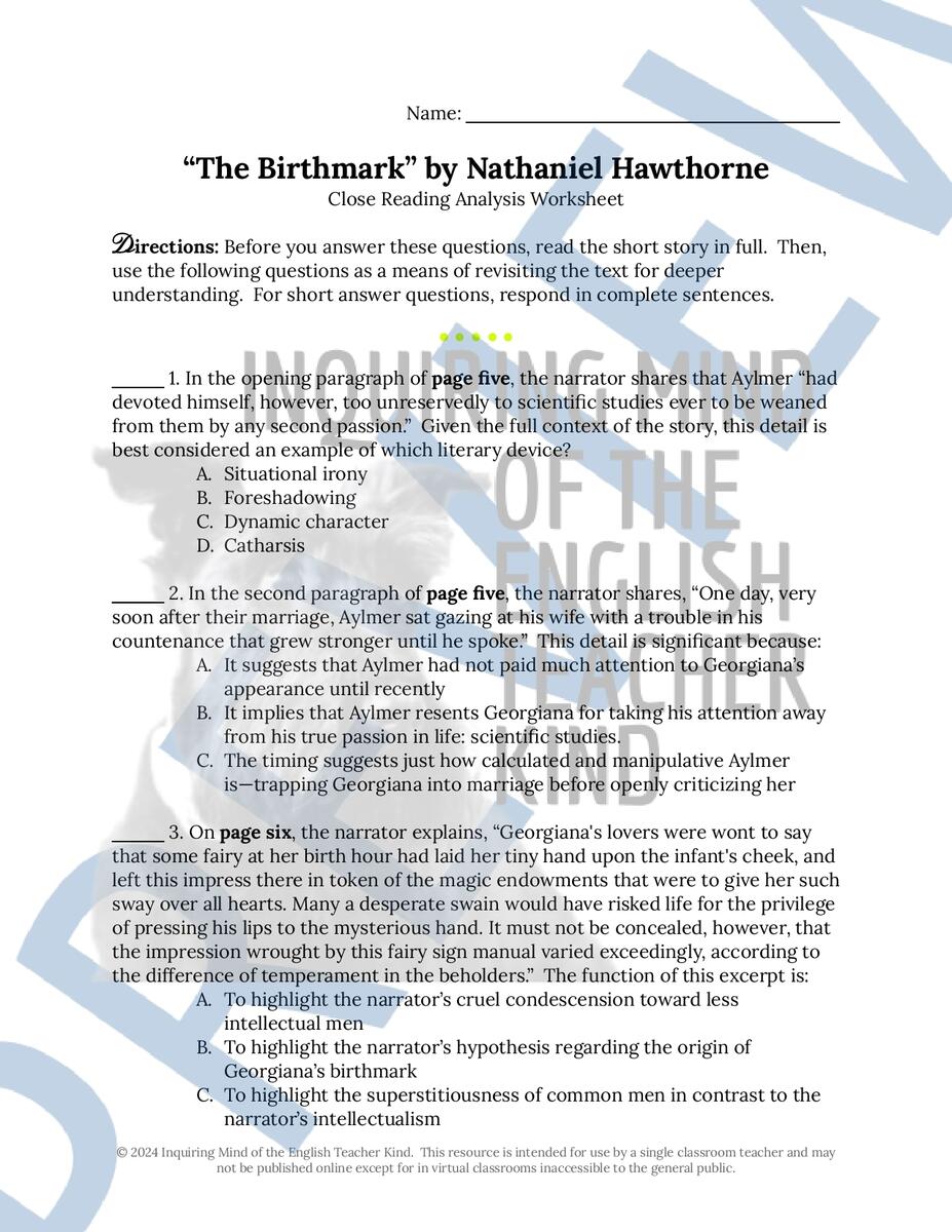The Birthmark By Nathaniel Hawthorne Close Reading Analysis Worksheet Classful