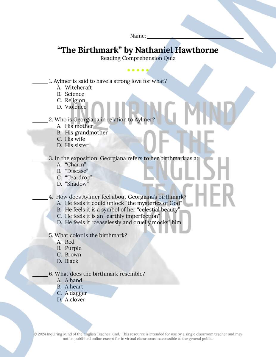 The Birthmark By Nathaniel Hawthorne Quiz And Answer Key For High School Classful The Birthmark By Nathaniel Hawthorne Quiz And Answer Key For High School Classful