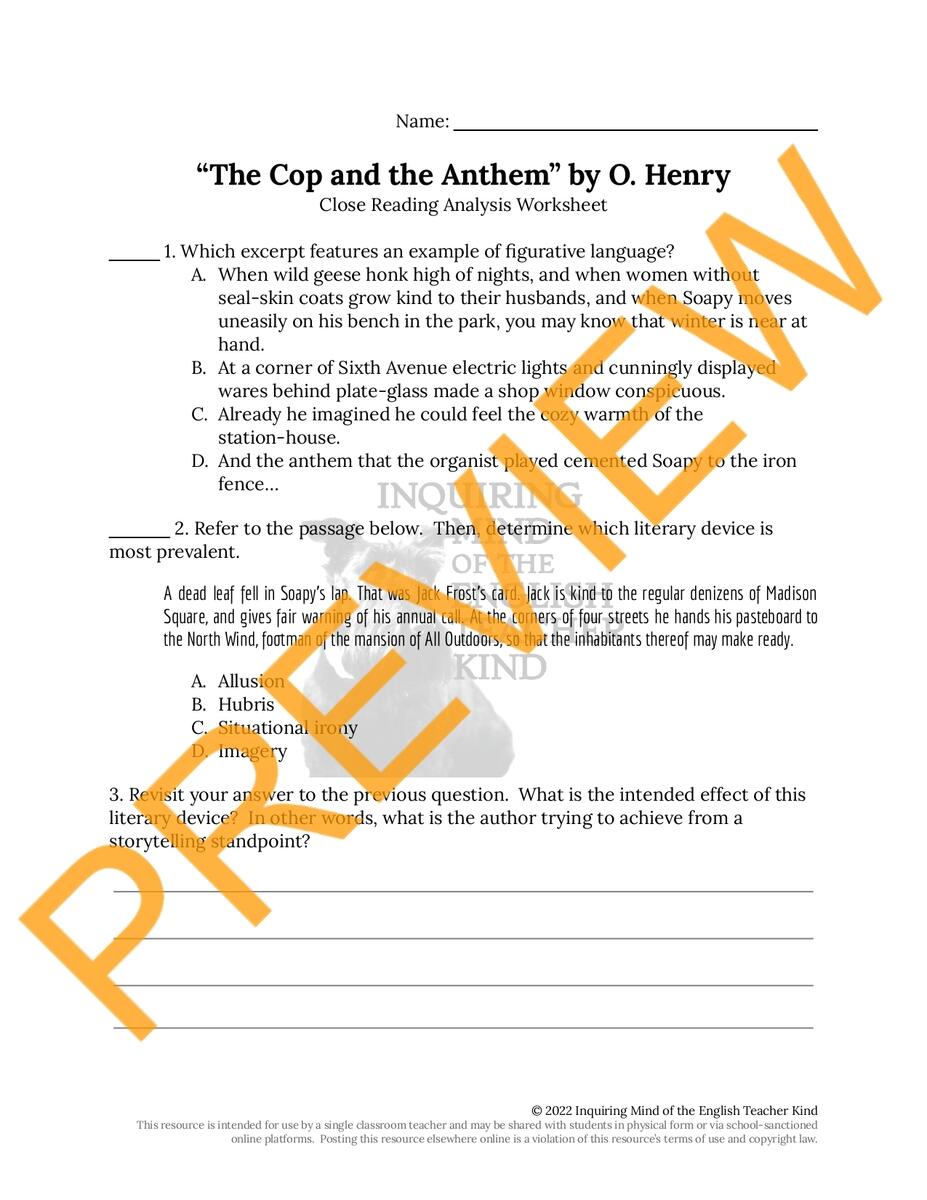 The Cop And The Anthem By O Henry Close Reading Questions Teaching Resources