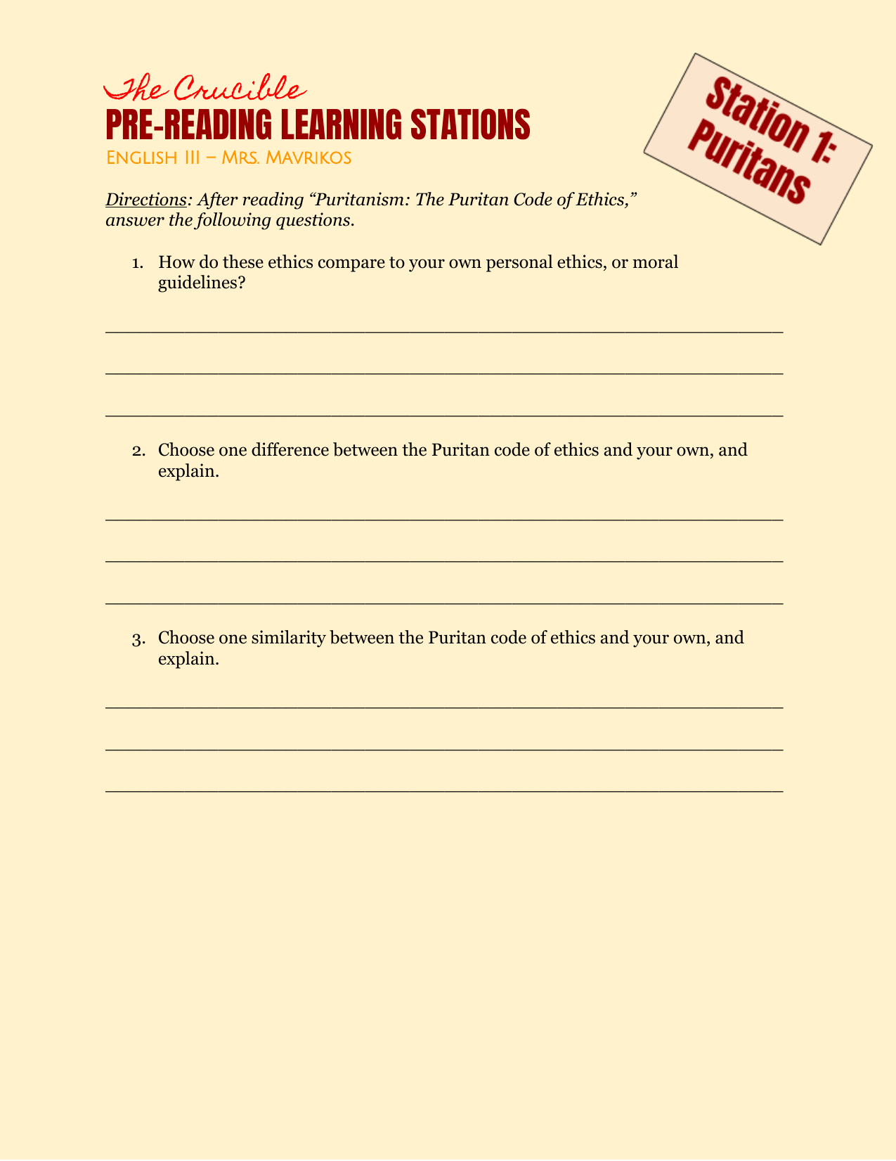 The Crucible Pre Reading Learning Stations