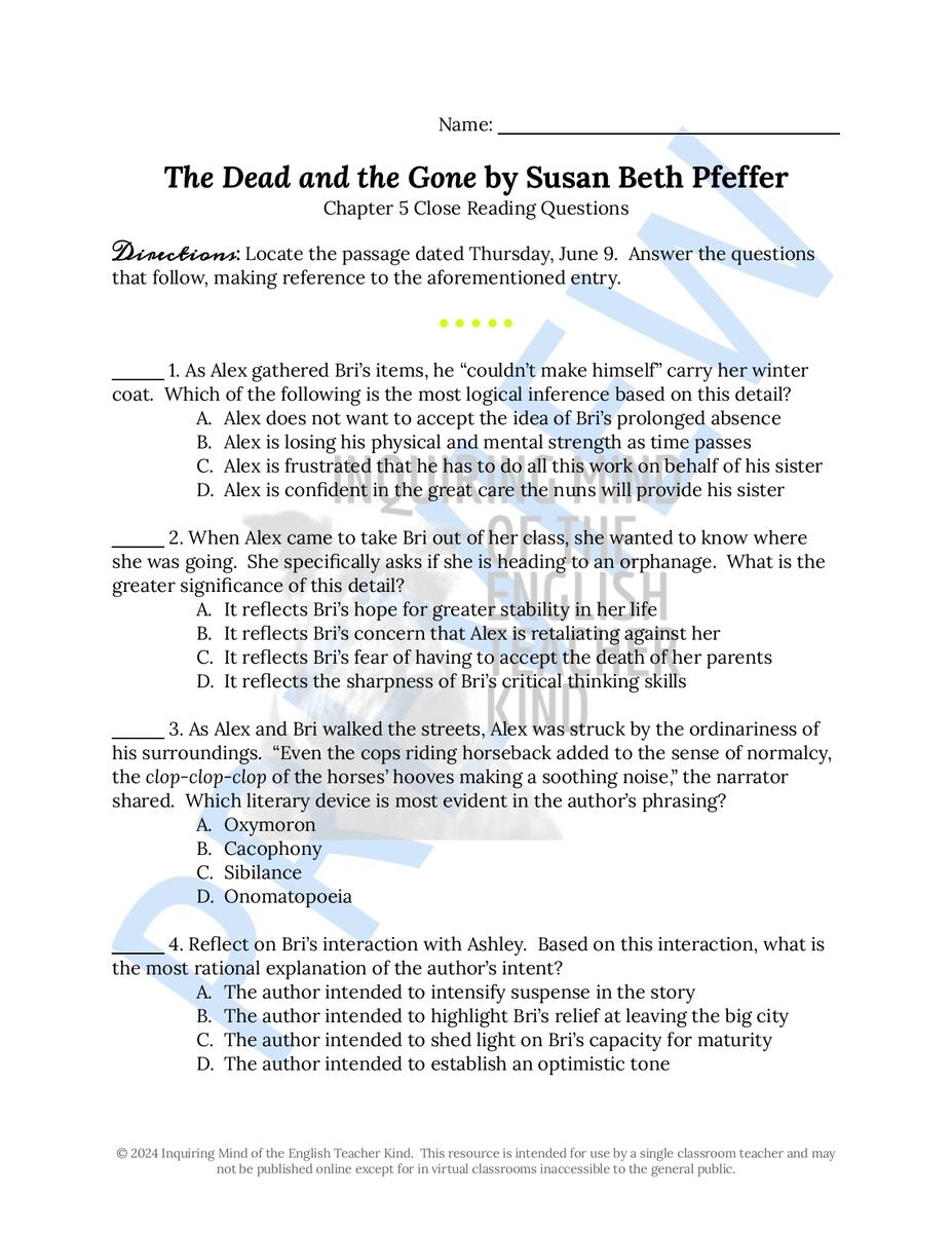 The Dead And The Gone By Susan Beth Pfeffer Close Reading Worksheet Chapter 5 Made By Teachers The Dead And The Gone By Susan Beth Pfeffer Close Reading Worksheet Chapter 5 Made By Teachers