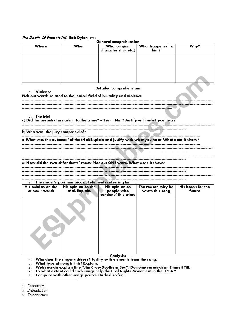 The Death Of Emmett Till Bob Dylan Worksheet ESL Worksheet By Sullen1980