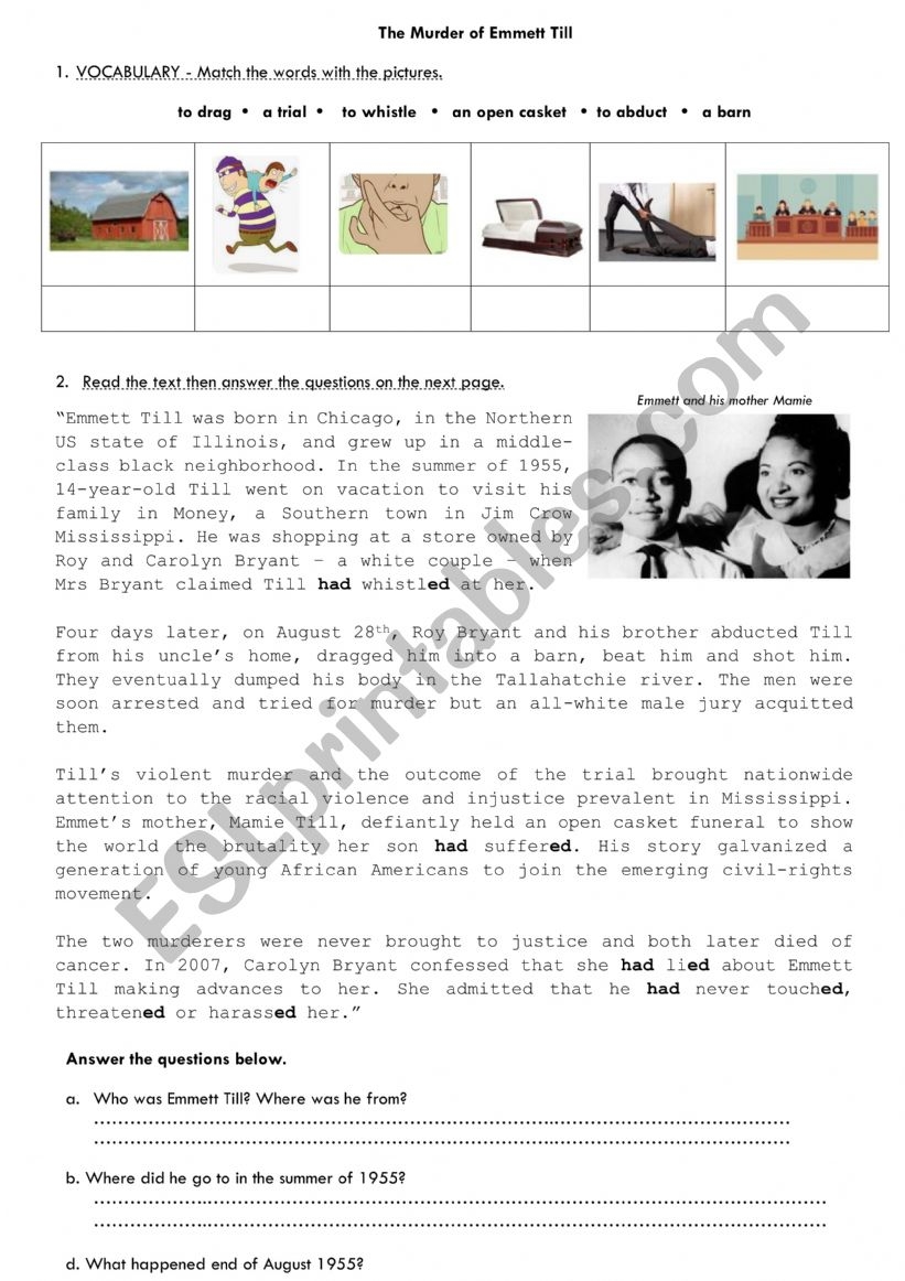 The Murder Of Emmett Till PBS American Experience Worksheet ESL Worksheet By Jenfensta