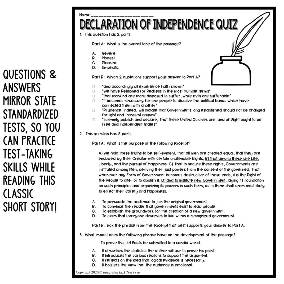 The Declaration Of Independence Quiz Reading Comprehension Questions Test Pack Classful The Declaration Of Independence Quiz Reading Comprehension Questions Test Pack Classful