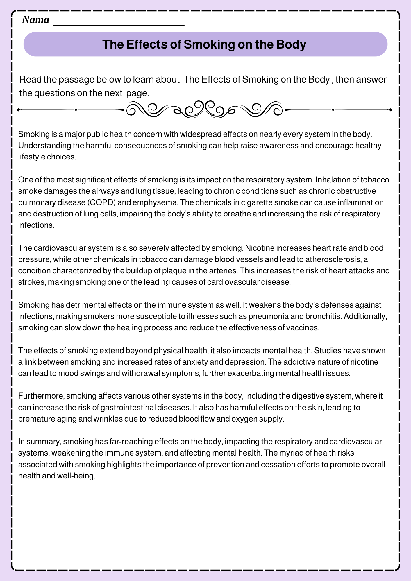 The Effects Of Smoking On The Body Reading Comprehension Passages Questions Worksheets Teaching Resources Reading Comprehension Smoking ESL Worksheet By Yasmin Tounsi