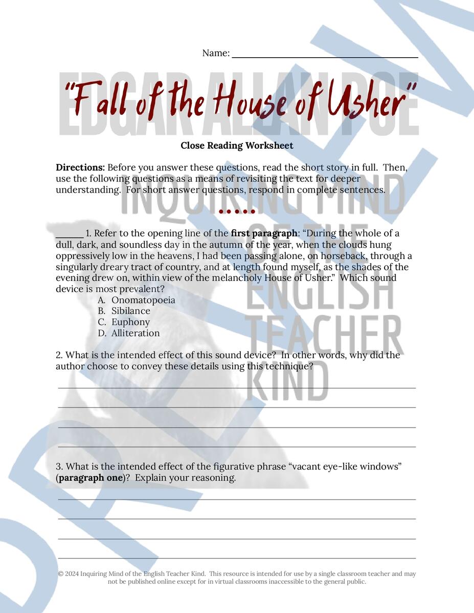 The Fall Of The House Of Usher By Edgar Allan Poe Close Reading Inference Worksheet Made By Teachers
