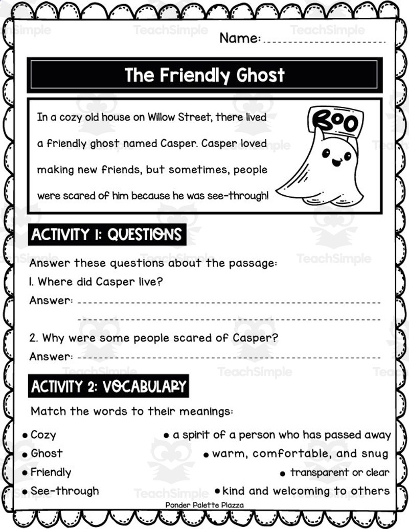 The Friendly Ghost Reading Passage Reading Comprehension Activity By Teach Simple