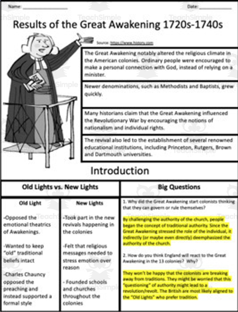 The Great Awakening Reading And Graphic Organizer By Teach Simple The Great Awakening Reading And Graphic Organizer By Teach Simple
