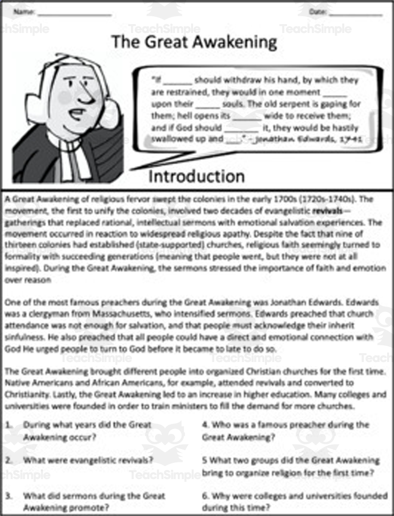 The Great Awakening Reading And Graphic Organizer By Teach Simple