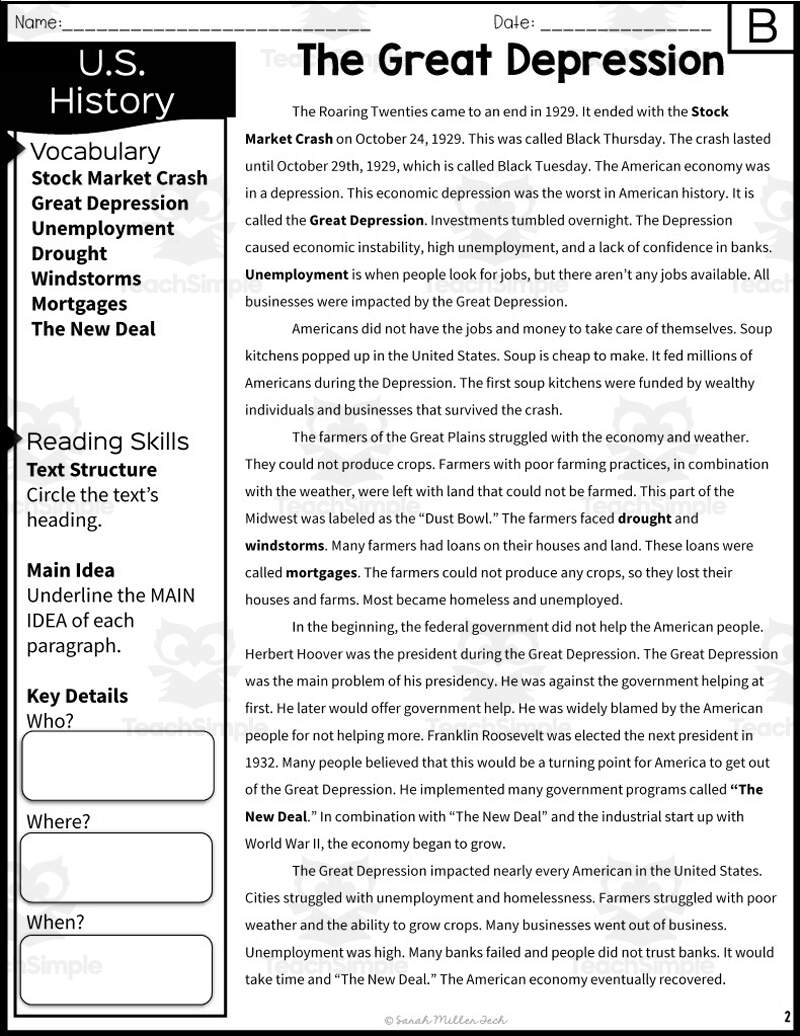 The Great Depression Reading Packet By Teach Simple