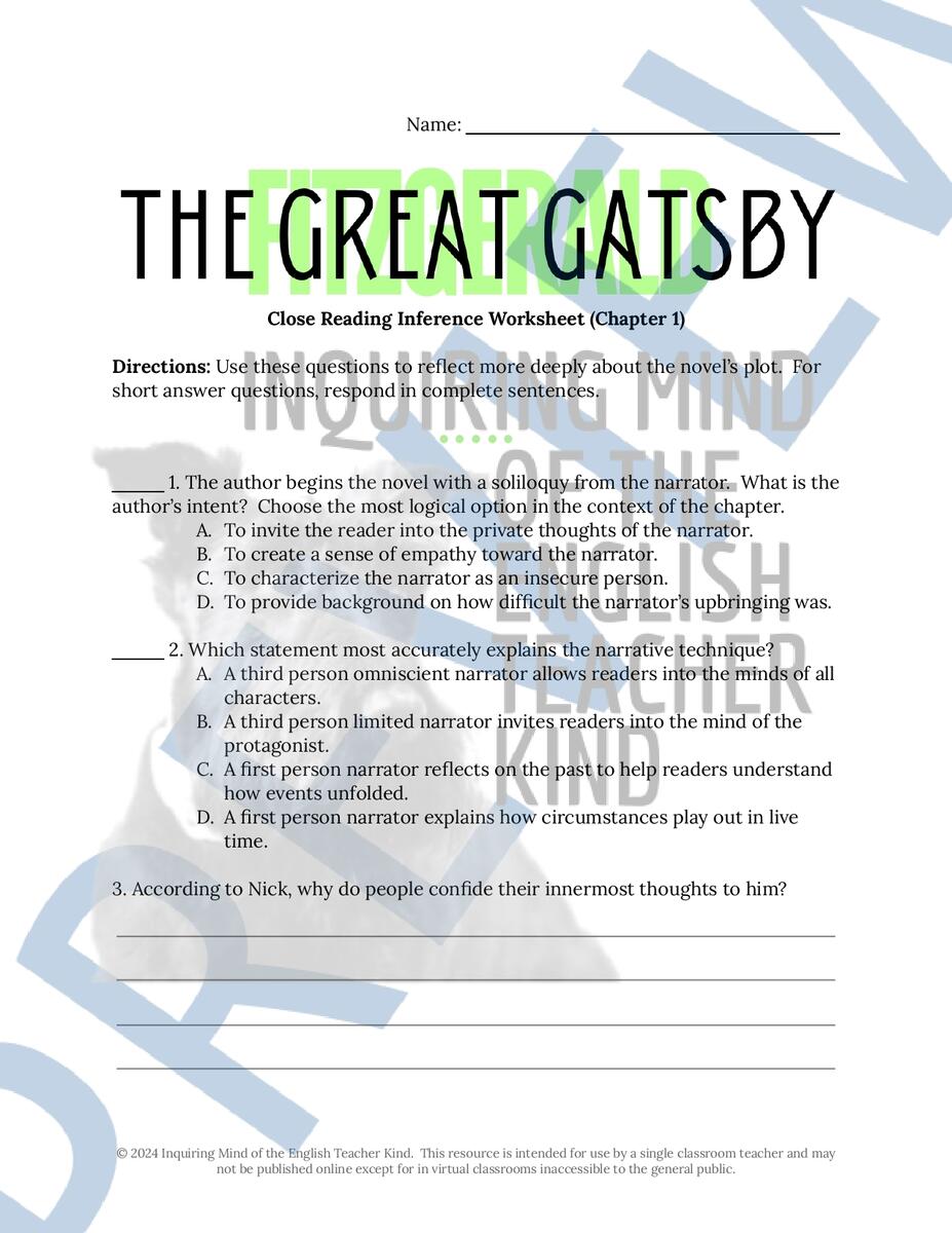 The Great Gatsby Chapter 1 Close Reading Inference Worksheet For High School Made By Teachers The Great Gatsby Chapter 1 Close Reading Inference Worksheet For High School Made By Teachers