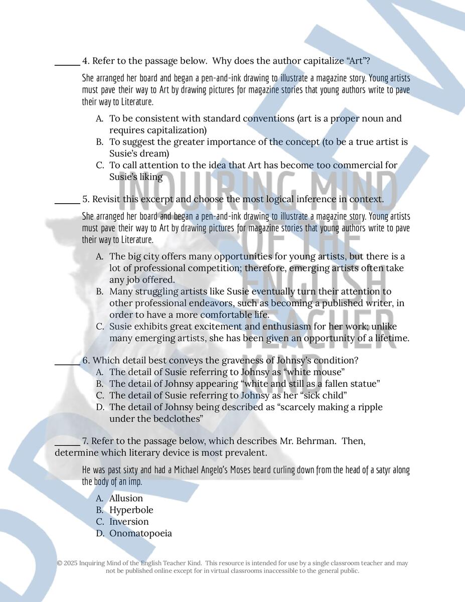 The Last Leaf By O Henry Close Reading Analysis Worksheet And Answer Key Made By Teachers
