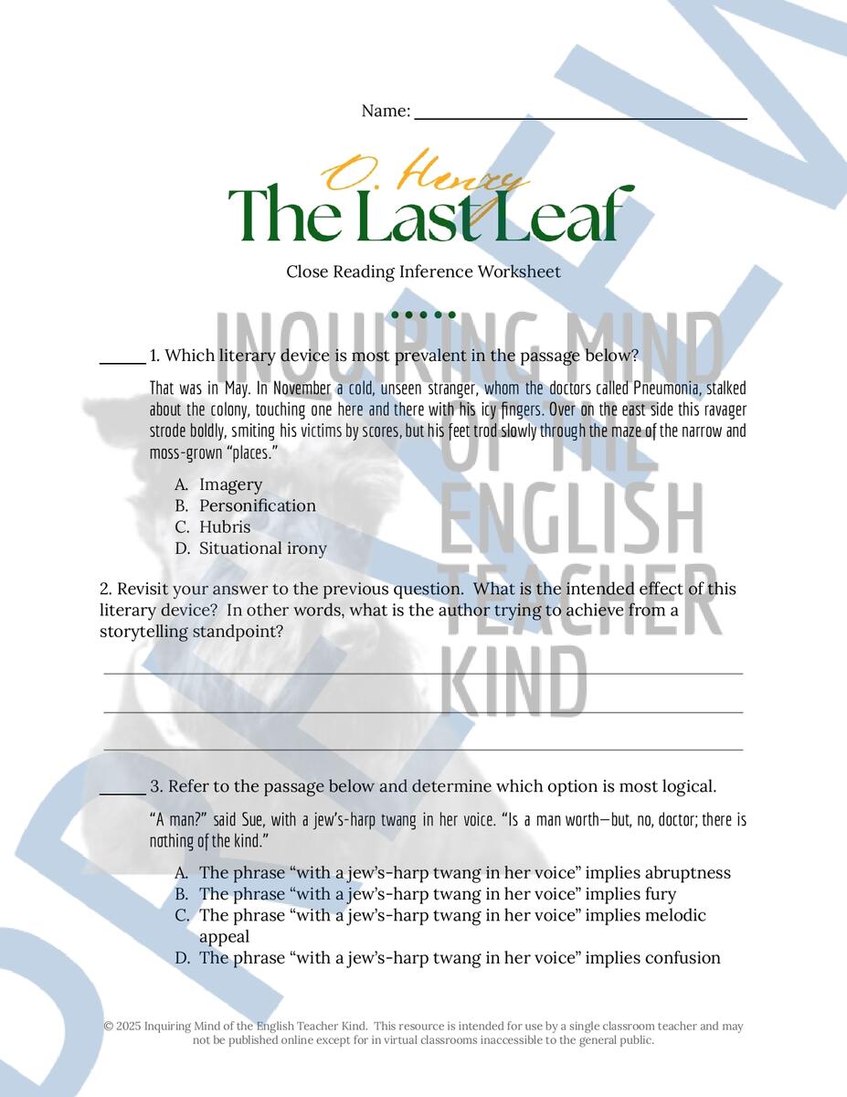 The Last Leaf By O Henry Close Reading Analysis Worksheet And Answer Key Made By Teachers