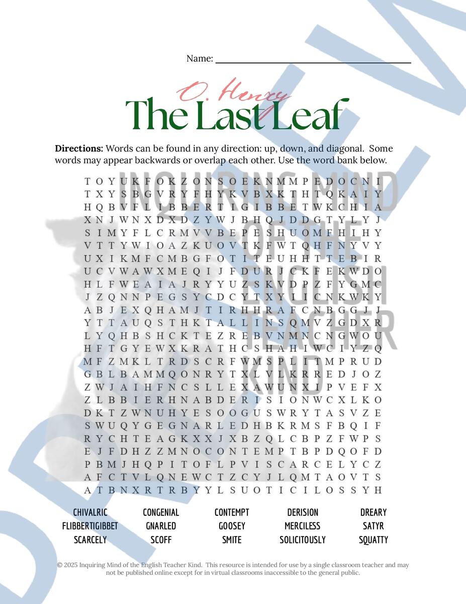 The Last Leaf By O Henry Quiz Close Reading Worksheet And Vocabulary Games Bundle Made By Teachers