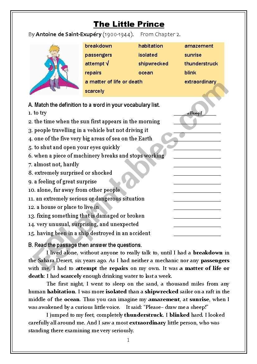 The Little Prince Intensive Reading ESL Worksheet By Oligol The Little Prince Intensive Reading ESL Worksheet By Oligol
