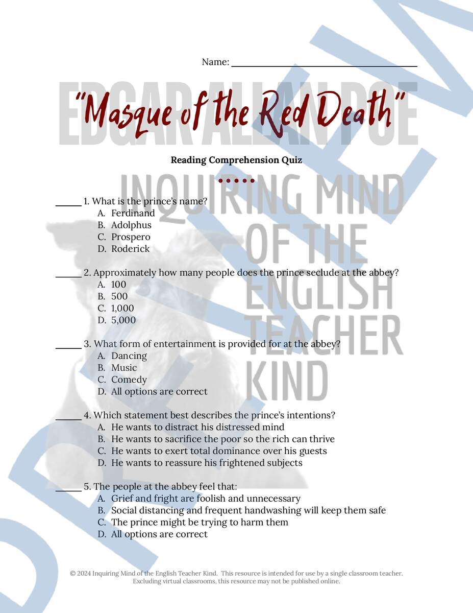 The Masque Of The Red Death By Edgar Allan Poe Quiz And Answer Key Teaching Resources