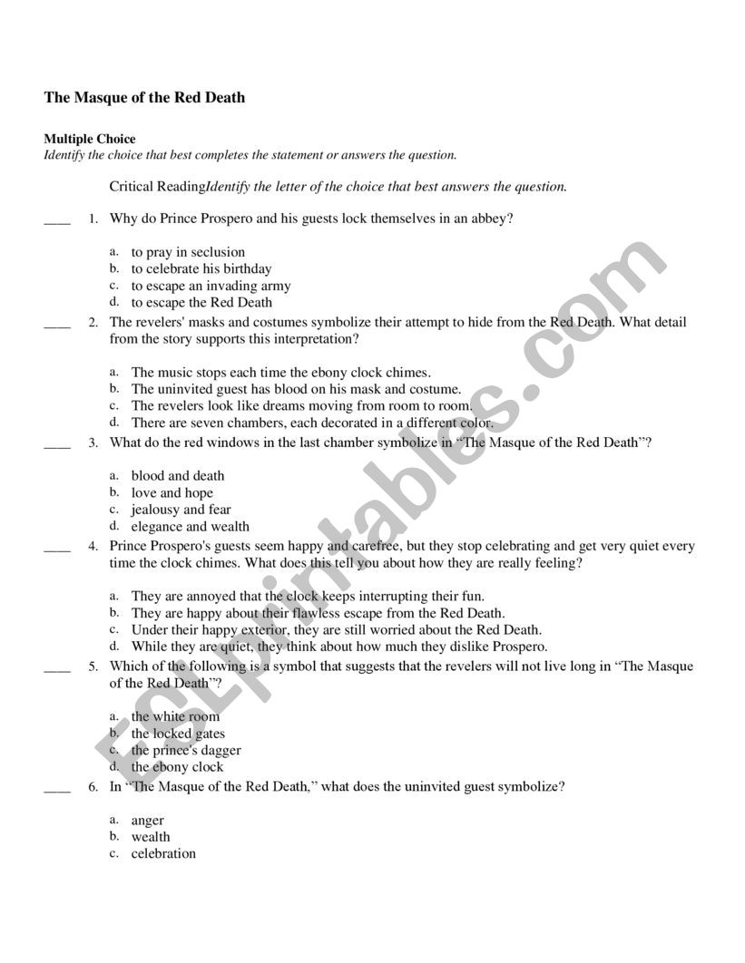 THE MASQUE OF THE RED DEATH ESL Worksheet By Fiachavarria THE MASQUE OF THE RED DEATH ESL Worksheet By Fiachavarria