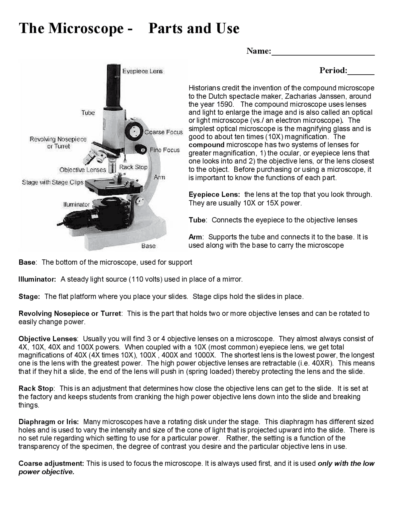The Microscope Parts And Use Notes And Worksheet Exercises Biology Of Microorganisms Docsity