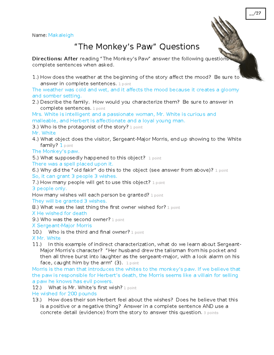 The Monkey S Paw Discussion Questions Answers Studocu The Monkey S Paw Discussion Questions Answers Studocu