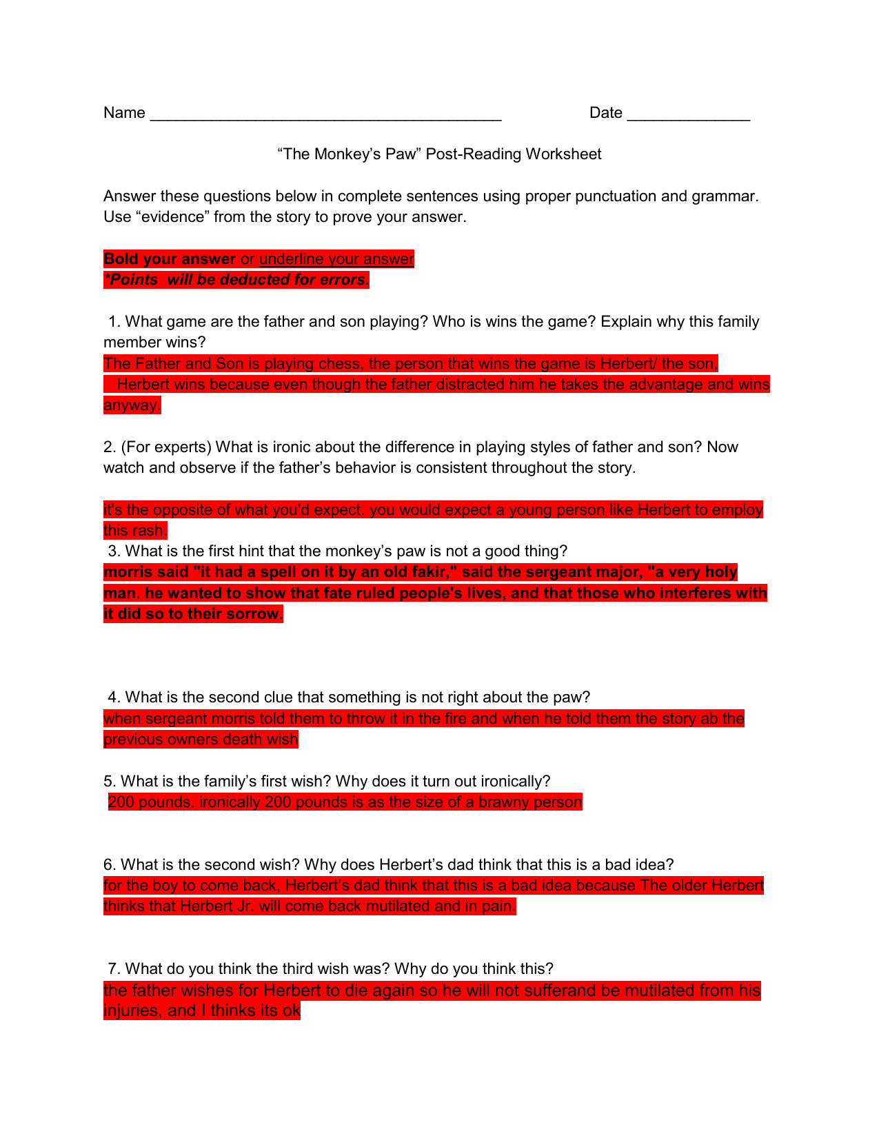 The Monkey S Paw Worksheet The Monkey S Paw Worksheet