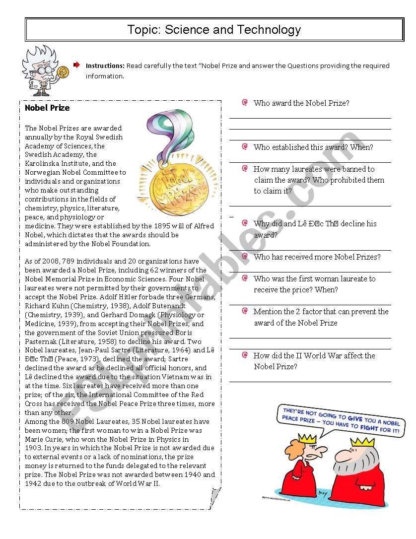 The Nobel Prize ESL Worksheet By Nathy021