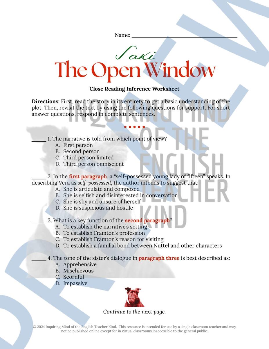The Open Window By Saki Close Reading Worksheet And Emergency Lesson Plans Made By Teachers