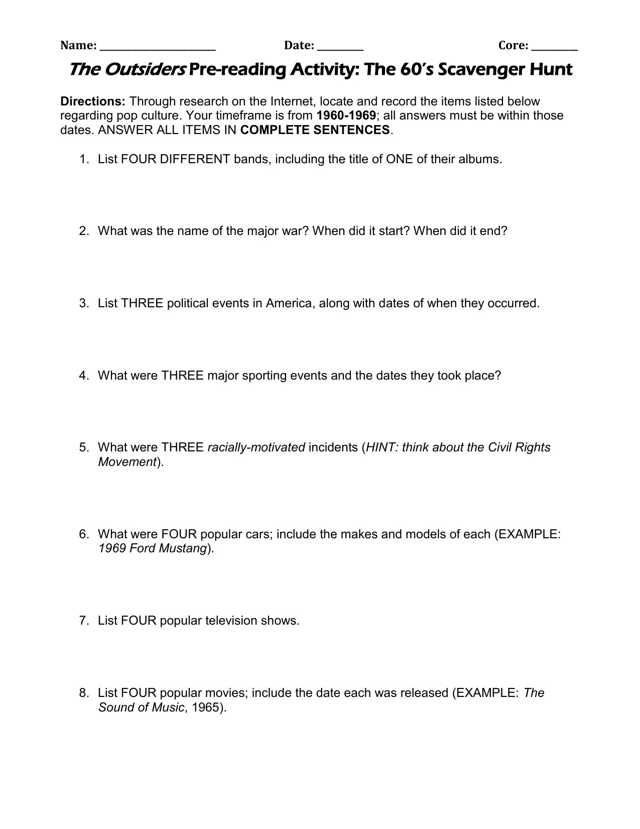 The Outsiders Pre reading Activity 1960s Scavenger Hunt