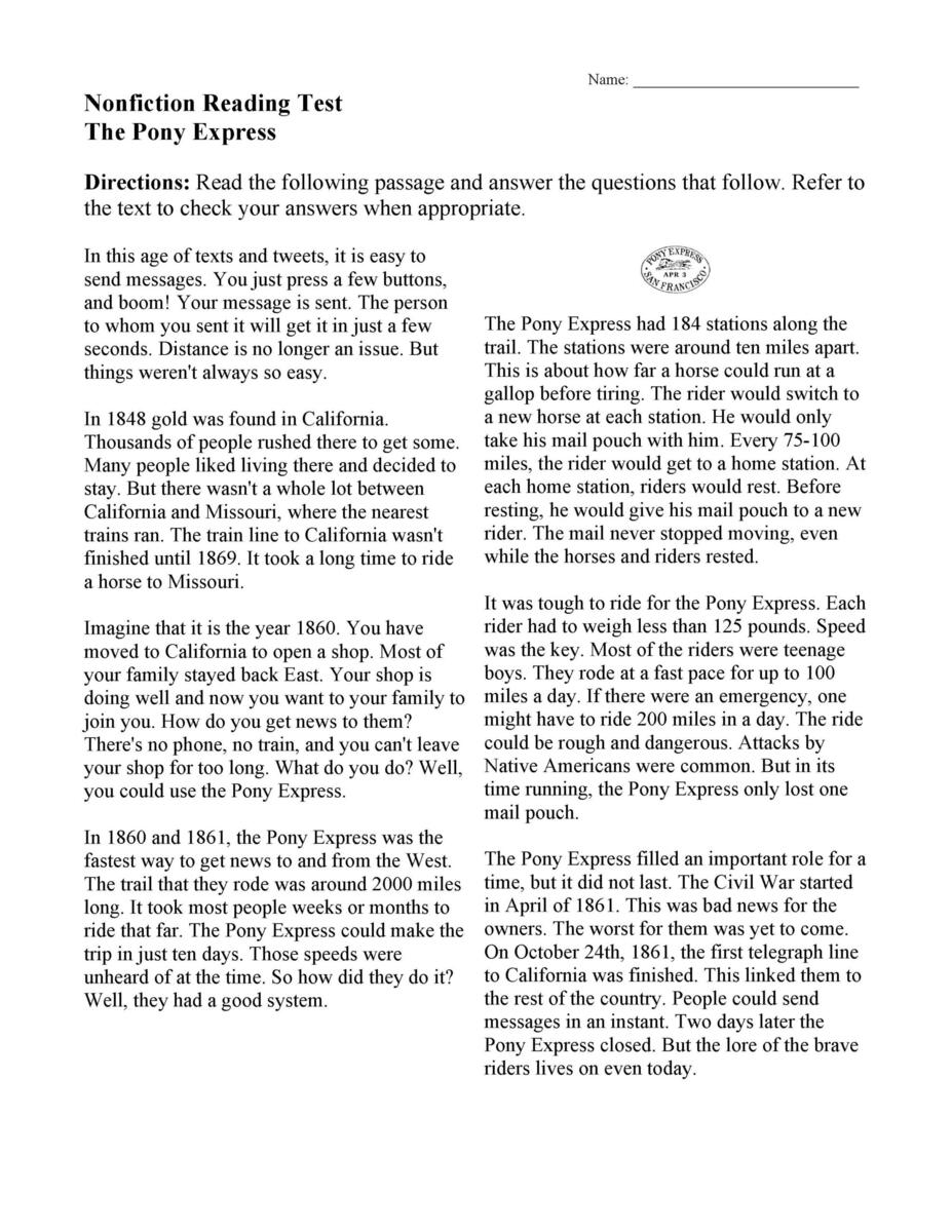 The Pony Express Nonfiction Reading Activity The Pony Express Nonfiction Reading Activity