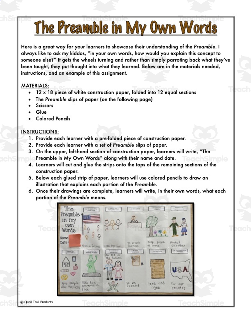 THE PREAMBLE To The U S CONSTITUTION Learning Activities By Teach Simple