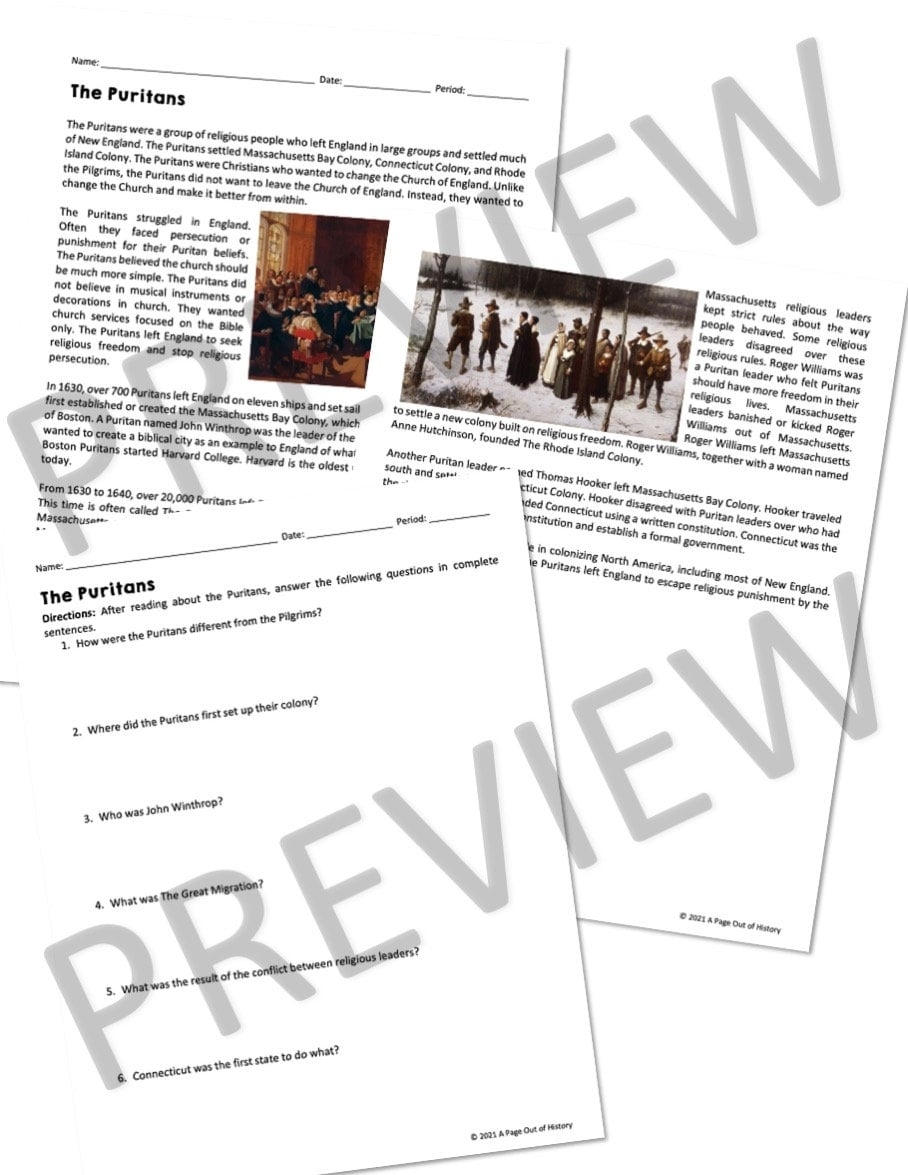 The Puritans Reading Worksheet Colonial US Lesson For 6th Grade Question Answers Homeschool Reading Fluency Passages No Prep Printable Etsy