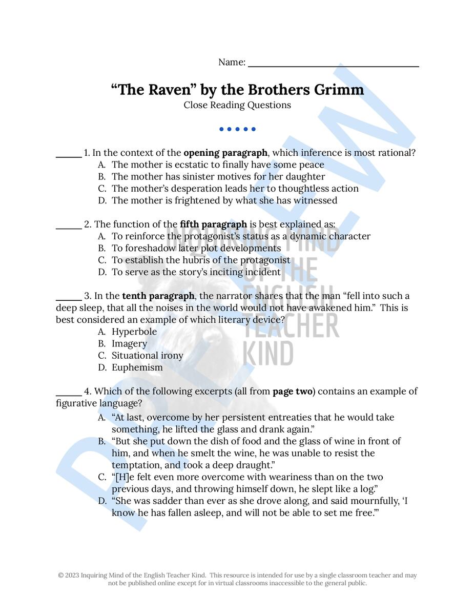 The Raven By The Brothers Grimm Close Reading Analysis Worksheet Made By Teachers