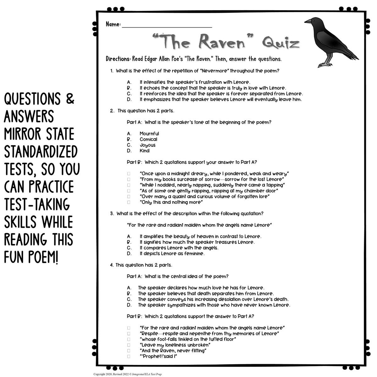 The Raven Quiz Poetry Comprehension Reading Edgar Allan Poe Made By Teachers The Raven Quiz Poetry Comprehension Reading Edgar Allan Poe Made By Teachers