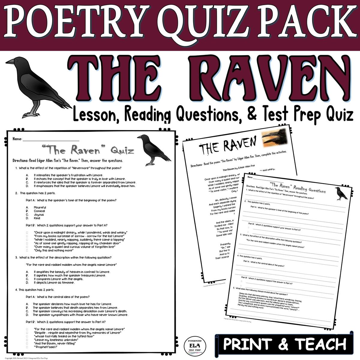 The Raven Quiz Poetry Comprehension Reading Edgar Allan Poe Made By Teachers Edgar Allan Poe Facts For Avid Readers Kids Activities Blog